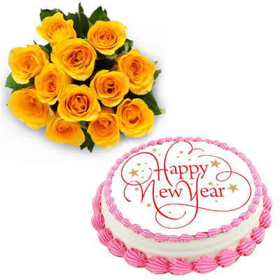 "Round shape vanilla cake - 1kg + beautiful 12 yellow roses bunch - Click here to View more details about this Product